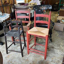 Set Of Four Vintage Wooden Chairs, Including Tole Painted Rocking Chair (garage)