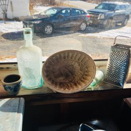 Glass Bottle, Molded Bowl, Grater And Other Items (Porch)