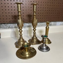 Five Vintage Metal Candle Holders/Candle Sticks (Bsmt)