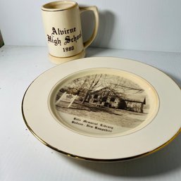 Vintage Alvirne High School Mug And Hills Memorial Plate (garage Center)