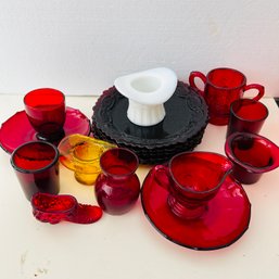 Cranberry Glass Fenton Shoe, Dishes, Cups & Milk Glass Mini Hat (NK)