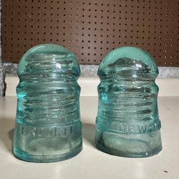 Pair Of Vintage Aqua Colored Glass Insulators With Brooklyn New York Embossed (Bsmt)