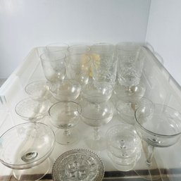 Bin Lot: Mixed Clear Glass Stemware, Cup Plates, Etc. (garage Center)