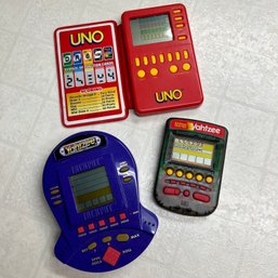 Set Of Three Vintage Electronic Handheld Games, Uno And Yahtzee (Basement Table)