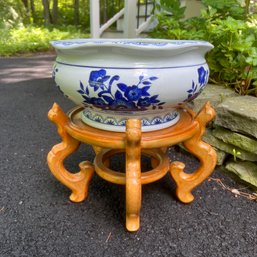 Vintage Pottery AAA Imports Bowl On Wooden Stand (Storage)