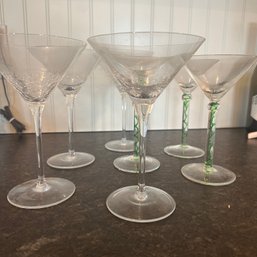 Seven Martini Glasses - Two Types Incl. Crackle Glass & Green Twisted Stem (Kitchen)