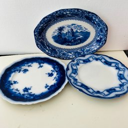 Blue & White Ceramic Plates From England, Two Flow Blue (NK)