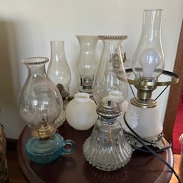 Assortment Of Vintage Oil Lamps Incl. Blue Glass & Pottery (LR)