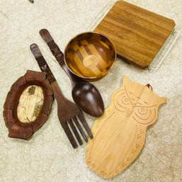 Wood Kitchen Accessories, Bowl, Cutting Board, Owl Decor, New York Bowl & Giant Fork / Spoon (BSMT)