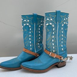 Vintage Turquoise Blue Texas Premier Texas Boot Co. Cowboy Boots With Spurs (TD LOC 8)