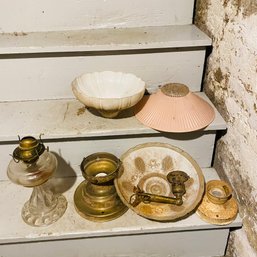 Assorted Vintage Oil Lamp, Glass Lamp Shades And Wall/Ceiling Mounted Lamp Parts (Basement)