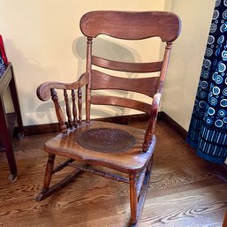 Vintage Possibly Antique Wooden Rocking Chair With Stamped Leather Seat (MB)