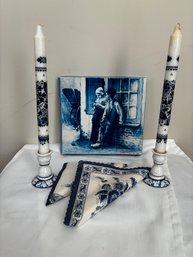 Darling Set Of Vintage Blue And White Napkins And Pair Of Ceramic Candle Holders (DR)