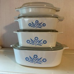 Trio Of Corningware Cornflower Blue Casseroles With Lids & Small Oval Baking Dish (Up DR)