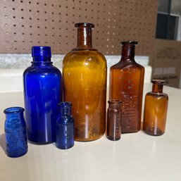 Assortment Of Vintage Amber And Cobalt Blue Glass Bottles (Bsmt)