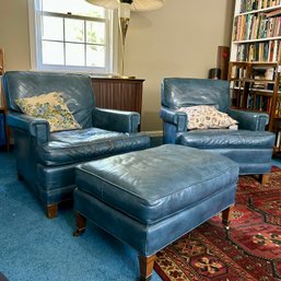 Charming Vintage BLUE LEATHER Club Chairs & Ottoman, HICKORY CHAIR COMPANY, Top Grain Leather - See Notes