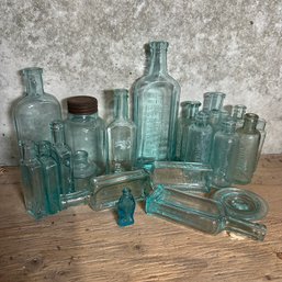 Lot Of Assorted Aqua Blue Vintage Glass Bottles (Bsmt)