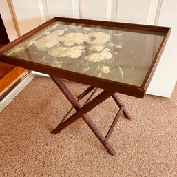 Pretty Vintage Folding Side Table With Glass Top (Porch)