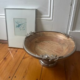 Framed Bird Art & Wood/Metal Bird Bowl (As-Is) (UP2)