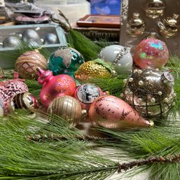 Mixed Lot Of Christmas Glass Ornaments And Greenery (Basement Table)