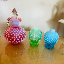 3 Small Vases, Pink, Green, And Blue, One With Glass Stopper