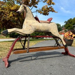 Gorgeous Antique Wooden Rocking Horse With Leather Saddle, Tail, Ears. Sturdy Working Condition! (IS)