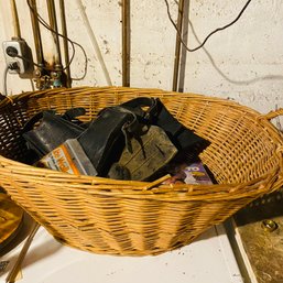 Wicker Hamper With Three Pairs Of Flippers And Yaktrax Shoe Grips (Basement)