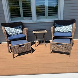 Great Pair Of Outdoor Chairs W/ Cushions, Pillows, Hideaway Ottomans, Plus Side Table (Porch)