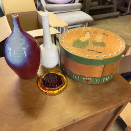 Painted Shaker Box, Pottery Vase, Kaiser Vase And Pressed Glass Ornament (garage)