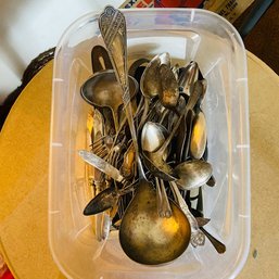 Box Of Miscellaneous Silver Spoons Forks Knives Ladles