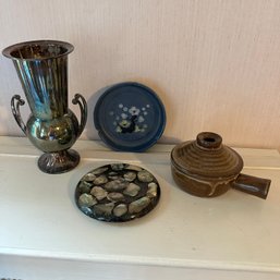 Vintage Silverplate Vase, Epoxy Trivet, Ceramic Ashtray, & Pottery Pot (Up DR)