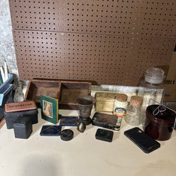 Vintage Assortment Of Metal Tins, Wooden Box, Book End, And More (Bsmt)