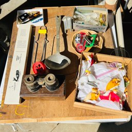 Odds And End Lot: Vintage Binoculars, Angel Mobil, Glass, Etc.  (Garage On Table)