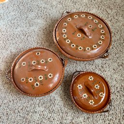 Set Of Three Vintage Handpainted Mexican Clay Pots (Mud Room)