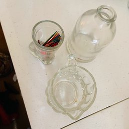 3 Assorted Small Glass Pieces (Boot, Pitcher, Jar)