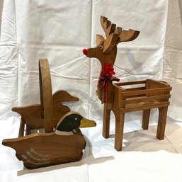 Really Nice Wooden Duck Basket And Reindeer (BM)