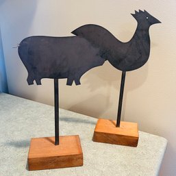 Pair Of Cute Black Metal Chicken & Pig On Wood Stand (kitchen)