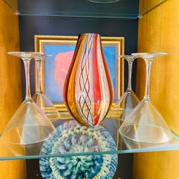 Signed Art Glass Vase, Stemware And Small Signed Framed Art (Dining Room)