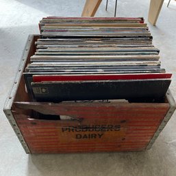 Large Lot Of Vintage Records In Wooden Dairy Crate