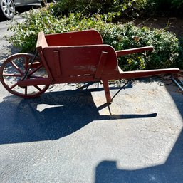 Vintage Primitive Red Painted Wooden Wheelbarrow (LR)