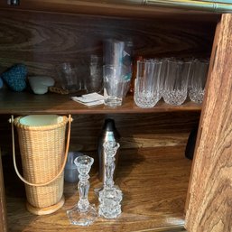 Cabinet Lot: Crystal, Tumblers, Wine Bottle Basket, Etc. (DR)