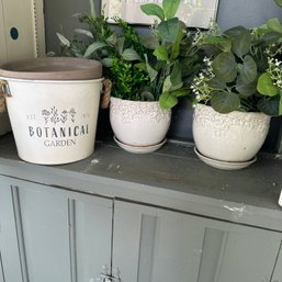 Pair Of Ceramic Planters With Faux Plants, Plus Clay & Metal Pots (Porch)