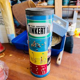 Vintage Tinkertoy Canister With Original Pieces (Garage On Table)