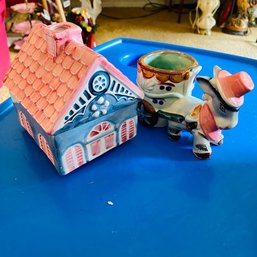 Ceramic House Trinket Box And Donkey Pulling Cart Holder