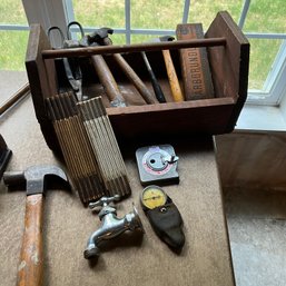 Vintage Wooden Tool Holder With Assorted Tools And Measuring Sticks (basement)