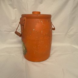 Stone Ware Crock With Handles And Lid, Painted Orange (BM)