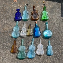 Large Lot Of Decorative Colored Glass 'musical Instrument' Bottles