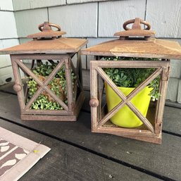 Pair Of Heavy Metal Lanterns With Faux Plants - See Descr. (Porch)