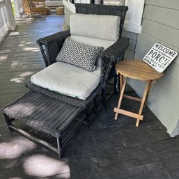 Black Painted Wicker Chair With Extension To Lounge Chair, Plus Side Table & Sign (Porch)