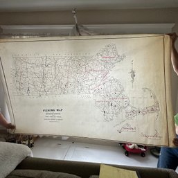 Very Large Vintage Fishing Map Of Massachusetts (LR)